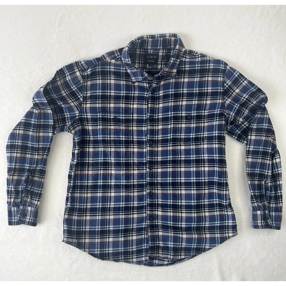 J Crew Button‎ Up Shirt Mens Sz XL Blue Flannel Plaid Casual Long Sleeve